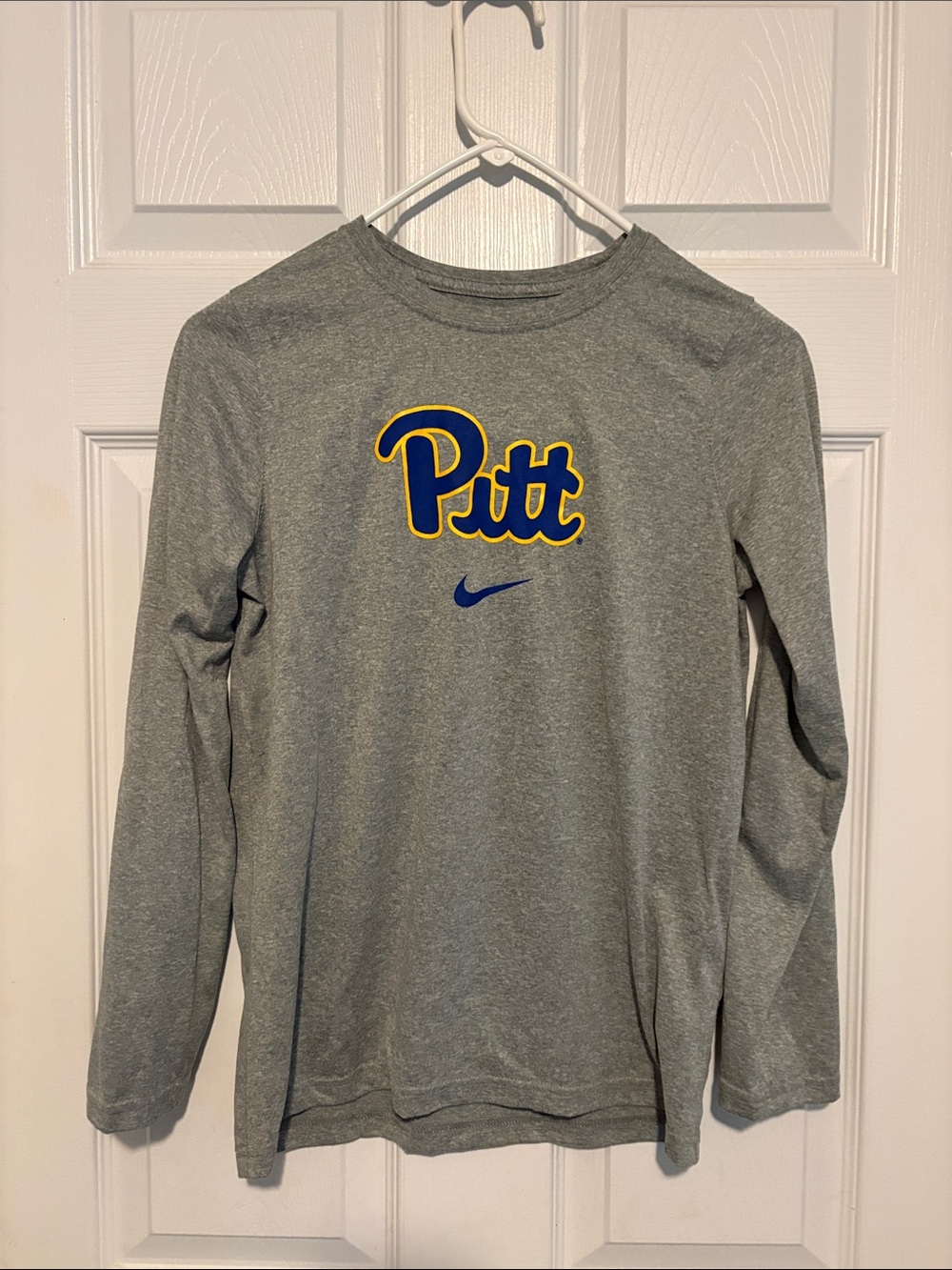Kids Nike Gray Long-Sleeve Pitt Logo Tee with Blue & Yellow Accents